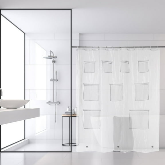 Ycandiee Shower Curtain, Home Clear Shower Curtain Liner with 9 Storage Pockets, Transparent Bathroom Organizer for Showers and Bathtubs, Waterproof PEVA Liner, 70.86 x 70.86 Inches, Clear