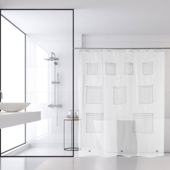 Ycandiee Shower Curtain, Home Clear Shower Curtain Liner with 9 Storage Pockets, Transparent Bathroom Organizer for Showers and Bathtubs, Waterproof PEVA Liner, 70.86 x 70.86 Inches, Clear