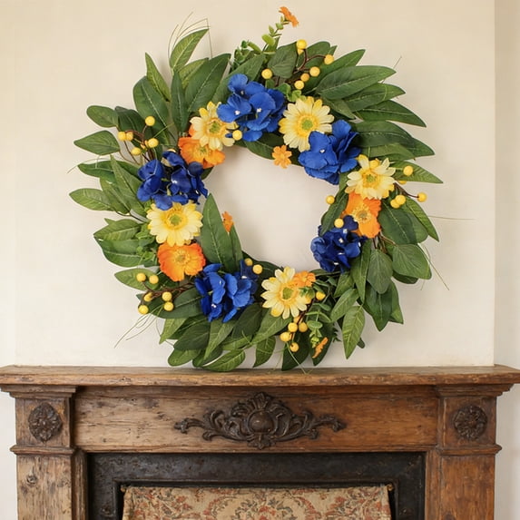 Ycandiee Spring Summer Wreaths for Front Door with Blue Hydrangea and Sunflower, Greenery Wreaths with Artificial Flower Berries Eucalyptus for Indoor Outdoor Hallway Window Decoration