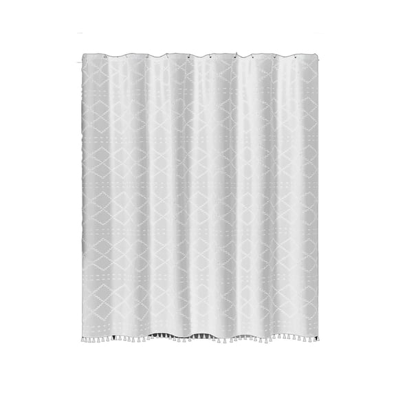 Ycandiee Woven Fabric Shower Curtain, Tufted Geometric Striped Tassel Shower Curtain for Bathroom, Shabby Chic Textured Farmhouse Waterproof Cloth Shower Curtain, Wrinkle Free