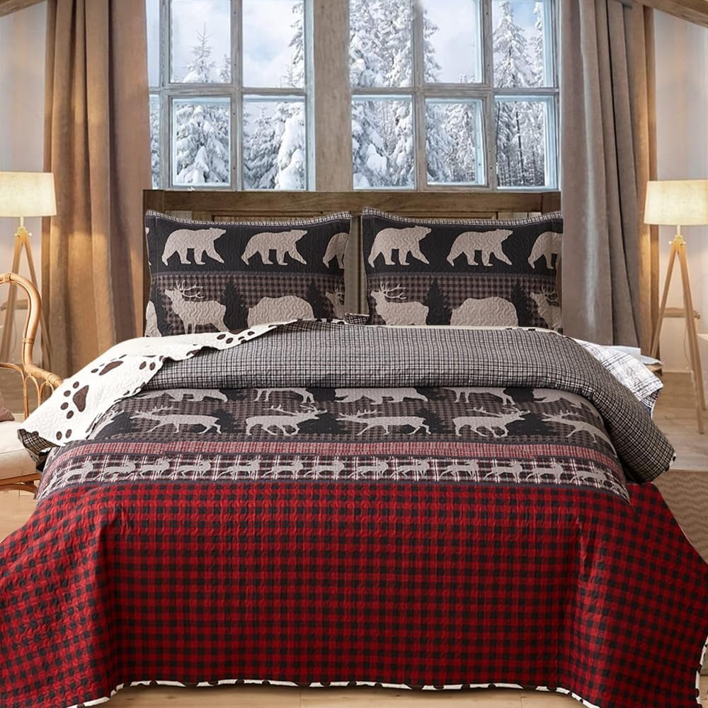 Ycosy Queen Size Quilt Set Bedding Rustic Lodge Bedspread Set Queen Red ...