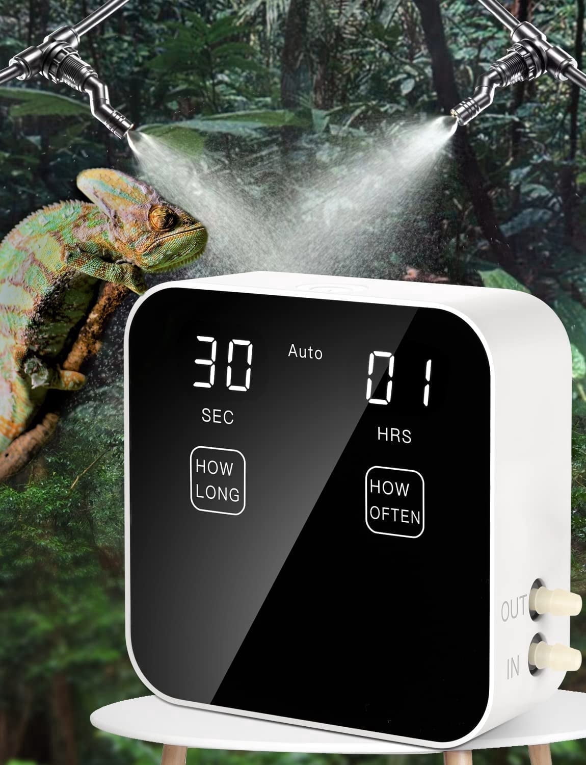 Automatic Reptile Mister Timer System, Quiet Terrarium Fogger Humidifier, Fine Mist Nozzles Water Shortage Protection for Reptiles Amphibians Chameleons