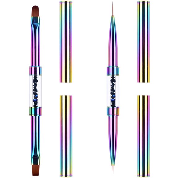 Ycyan 2Pcs Dual-ended Nail Design Brushes Rhinestone Handle UV Gel Nail Brush Set Professional Nail Art Tools Rainbow C65