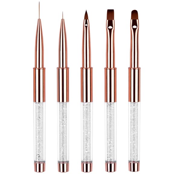 Ycyan 5Pcs Nail Art Brush Set Rhinestone Handle Gel Polish Nail Art Design Brushes with UV Gel Nail Brush, Nail Art Liner Brush, Nail Drawing Brush for Salon and Home DIY Manicure Rose Gold ALT2