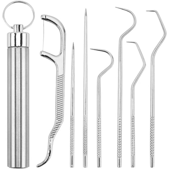Ycz 2-Pack Portable Stainless Steel Toothpick Set with Keychain Holder, Reusable Metal Dental Pick & Floss Tool Kit, Pocket Oral Care Gadget for Travel, Camping & EDC, Silver