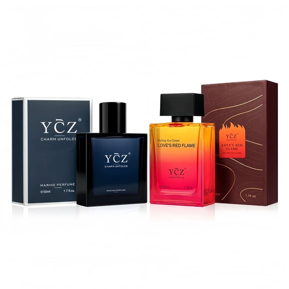 YCZ Men's Cologne Gift Set (2 Pack) - Marine Perfume & Love's Red Flame - Long Lasting Eau de Parfum - Fresh Aquatic & Spicy Wood Fragrance Bundle