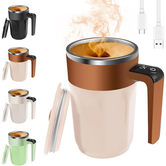 Ycz Smart Self Stirring Coffee Mug with Temperature Display, 13.5oz Rechargeable Electric Mixing Cup, 316 Stainless Steel Magnetic Stirrer for Coffee & Milk, Type-C Charging (Brown)