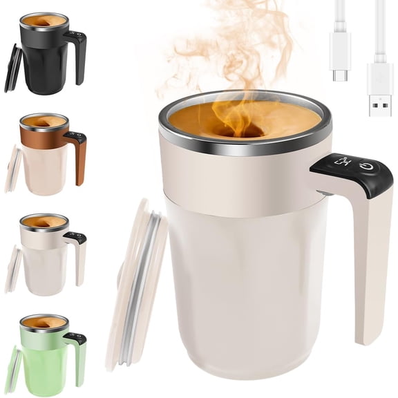 Ycz Smart Self Stirring Coffee Mug with Temperature Display, 13.5oz Rechargeable Electric Mixing Cup, 316 Stainless Steel Magnetic Stirrer for Coffee & Milk, Type-C Charging(White)
