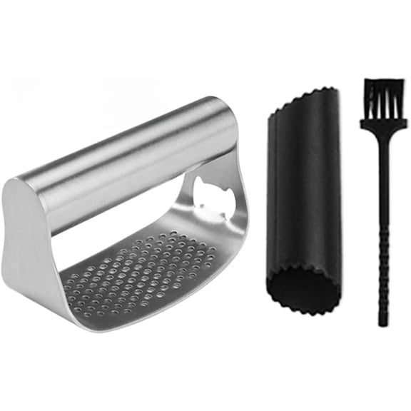 Ycz Stainless Steel Garlic Press Rocker Set, Ergonomic Garlic Mincer & Ginger Crusher with Silicone Peeler, Scraper & Cleaning Brush, Dishwasher Safe Kitchen Tool （Gray）