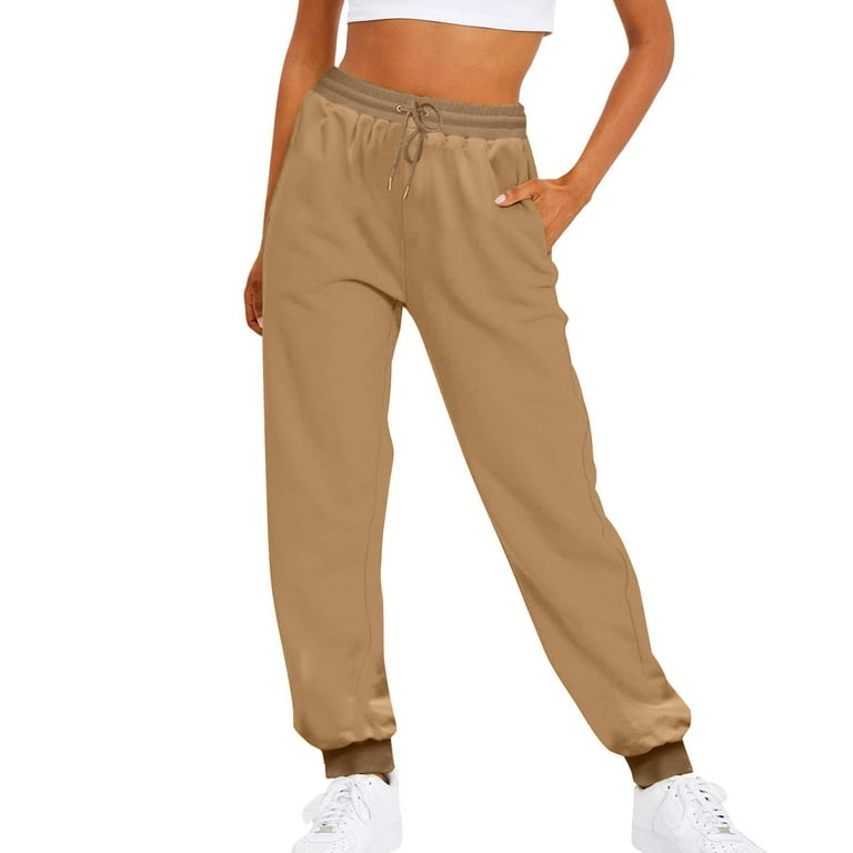 Ydkzymd Casual Stacked Sweatpants Women for Workout Solid Color Comfy Pants  Women Jogging High Waist Trousers with Pockets Elasitc Waist Drawstring Sport  Pants Brown S 