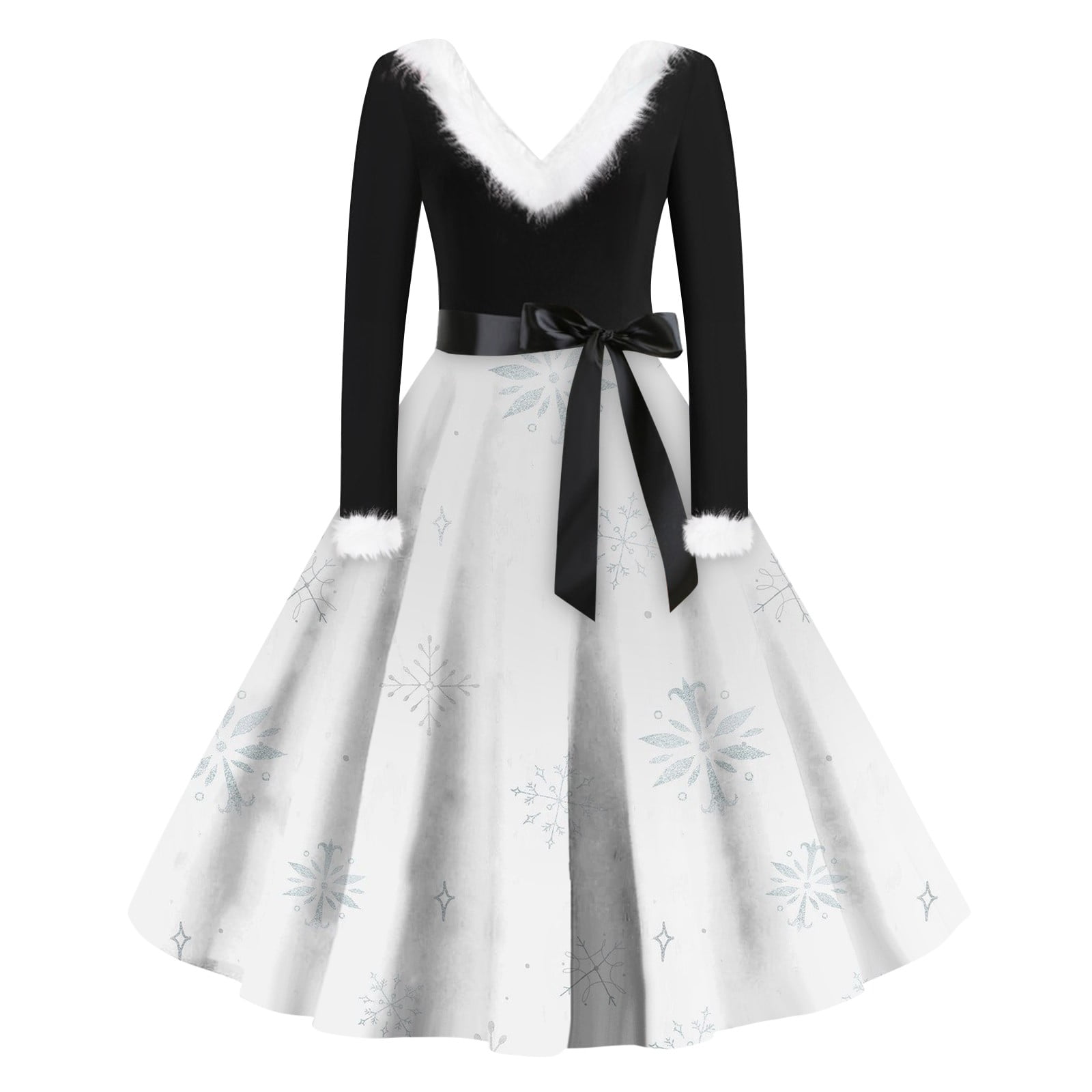 Ydkzymd Christmas Holiday Dress for Women Fashion Doll Faux Fur Pom Pom Swing Dresses Printed ...