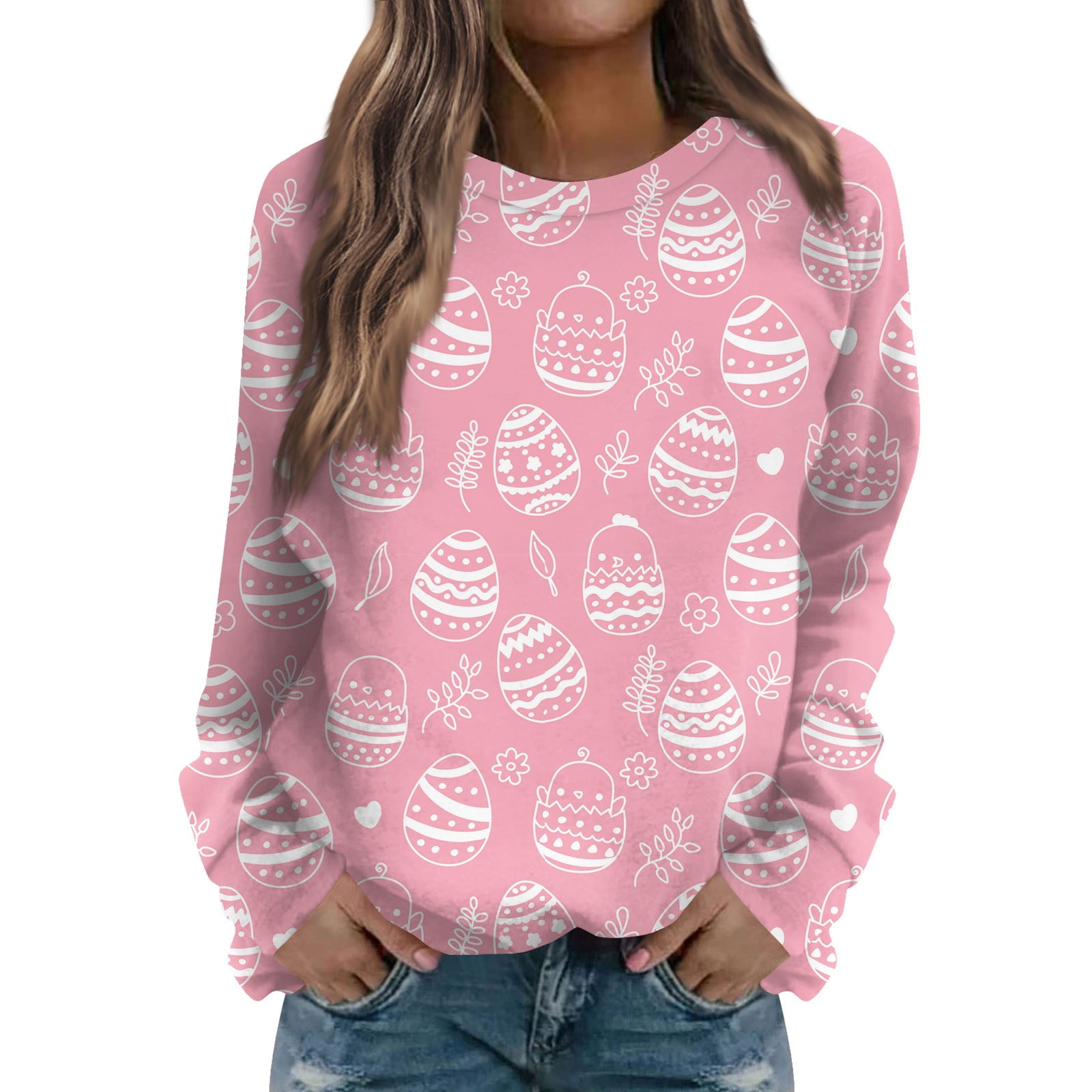 UoCefik Easter Sweatshirts for Women Bunny Loose Fit Crewneck Shirts  Clearance Rabbit Graphic Easter Print Pullover Sweaters for Women Plus Egg  Long Sleeve Clothes Lightweight Pink 3XL 