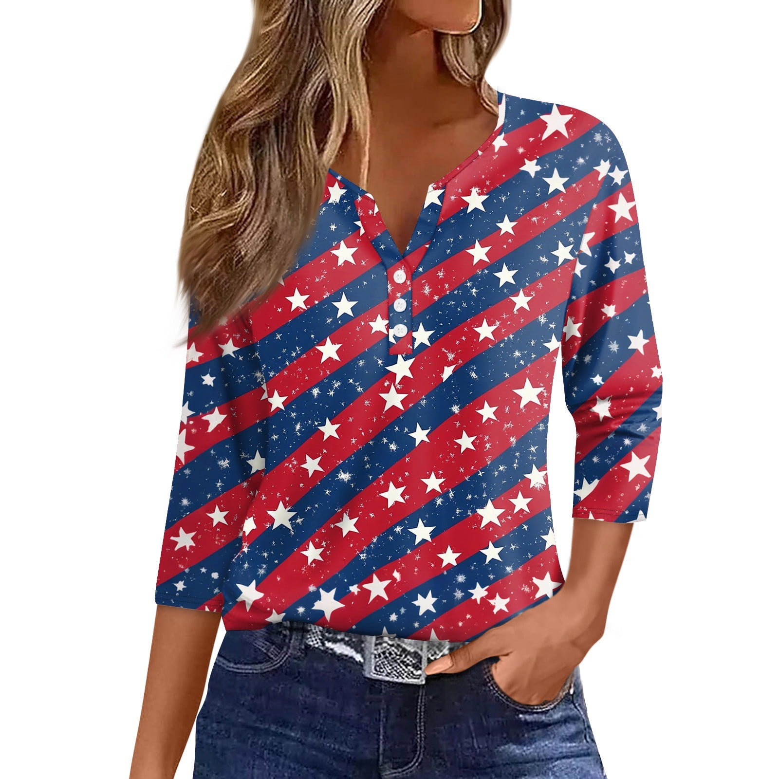 Ydkzymd Independence Day Women Usa Striped Set Shirt Three Quarter ...