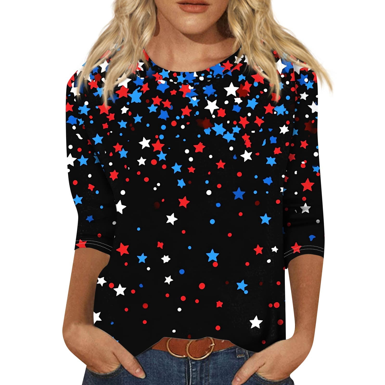 Ydkzymd Independence Day Womens Red American Flag T Shirt Round Neck 3/ ...