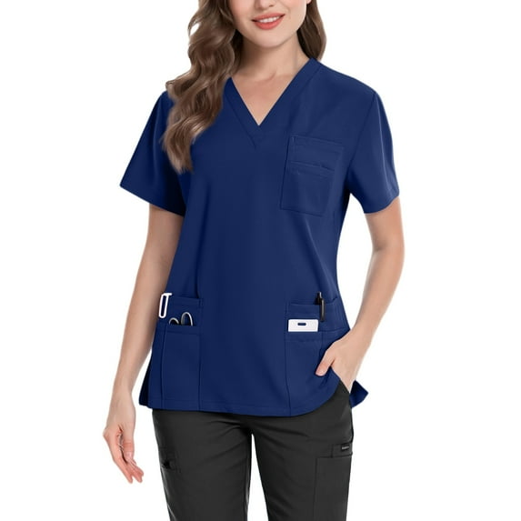 Ydkzymd Jogger Scrubs for Women Tops Short Sleeve with Pockets Nurse Uniforms Stretch Scrubs V-Neck Soft Loose Fit Scrub Tops Dark Blue XL