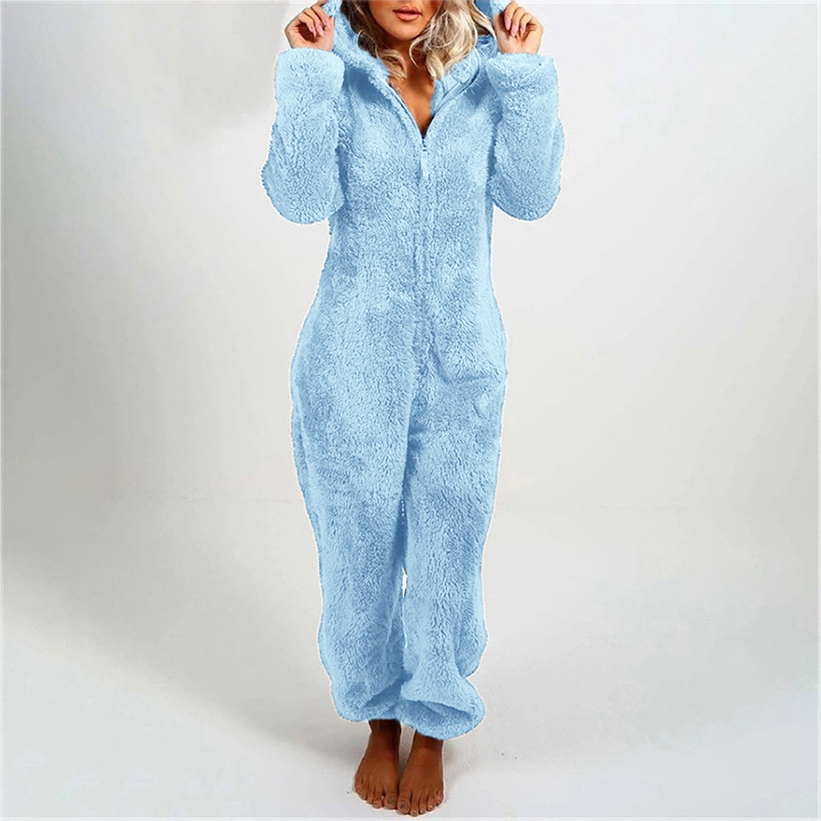 Lovskoo Womens Fluffy Hooded Jumpsuit Fuzzy Pajamas Long Sleeve Cute Ear One Piece Onesie Winter Warm Rompers Sleepwear Sky Blue Walmart