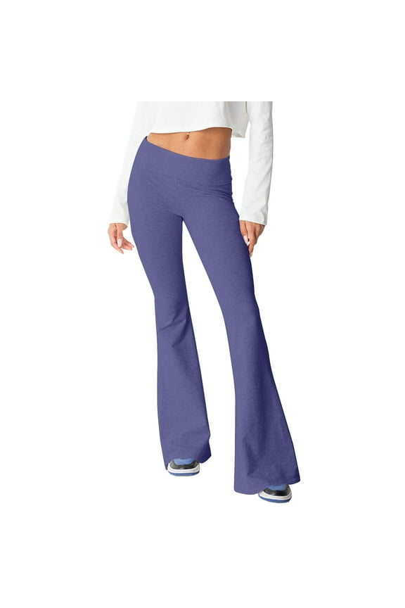 Junior Fold Over Flare Leggings Women Bell Bottom Bootcut Wide Leg Yoga Pants Stretchy Joggers Low Rise Leggings Purple 3XL