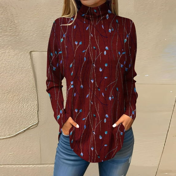 Ydkzymd Long Sleeve Shirt Women S Floral Wine Under Shirts for Womens Thermal Cozy Turtleneck Plain Tunics Tie Dye Casual Plus Size Blouses