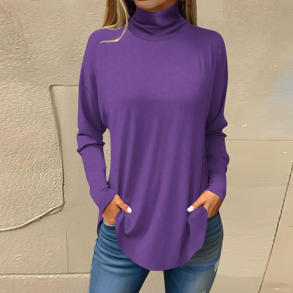 Ydkzymd Long Sleeve Shirts for Women 3XL Plain Purple Long Shirts for Women Plus Size Trendy Tie Dye Floral Blouses Turtleneck Comfy Thermal Tunics
