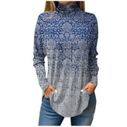 Ydkzymd Long Sleeve T Shirts for Women Blue Trendy Plain Tshirts Shirts for Women Cotton Petite Thermal Plus Size Tunic Blouses Turtleneck floral Tie Dye Tops L