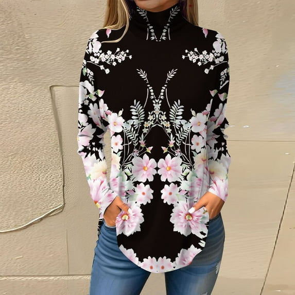Ydkzymd Long Sleeve Tee Shirts for Women Pink Plus Size 3XL Linen Shirts for Women Loose Fit Plain Casual Thermal Turtleneck Tunics Floral Fall Tie Dye Tops