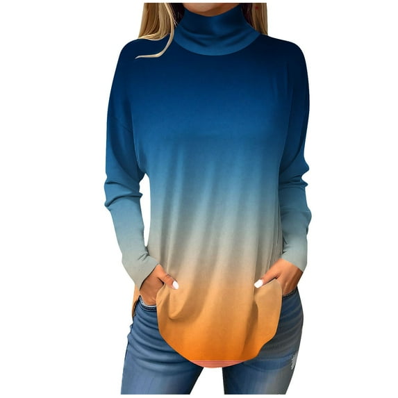 Ydkzymd Long Sleeved Shirts Womens Blue Thermal Tie Dye Long Sleeve T Shirts for Women Petite color block Plain Tunic Tops Plus Size Turtleneck Trendy Shirts XL