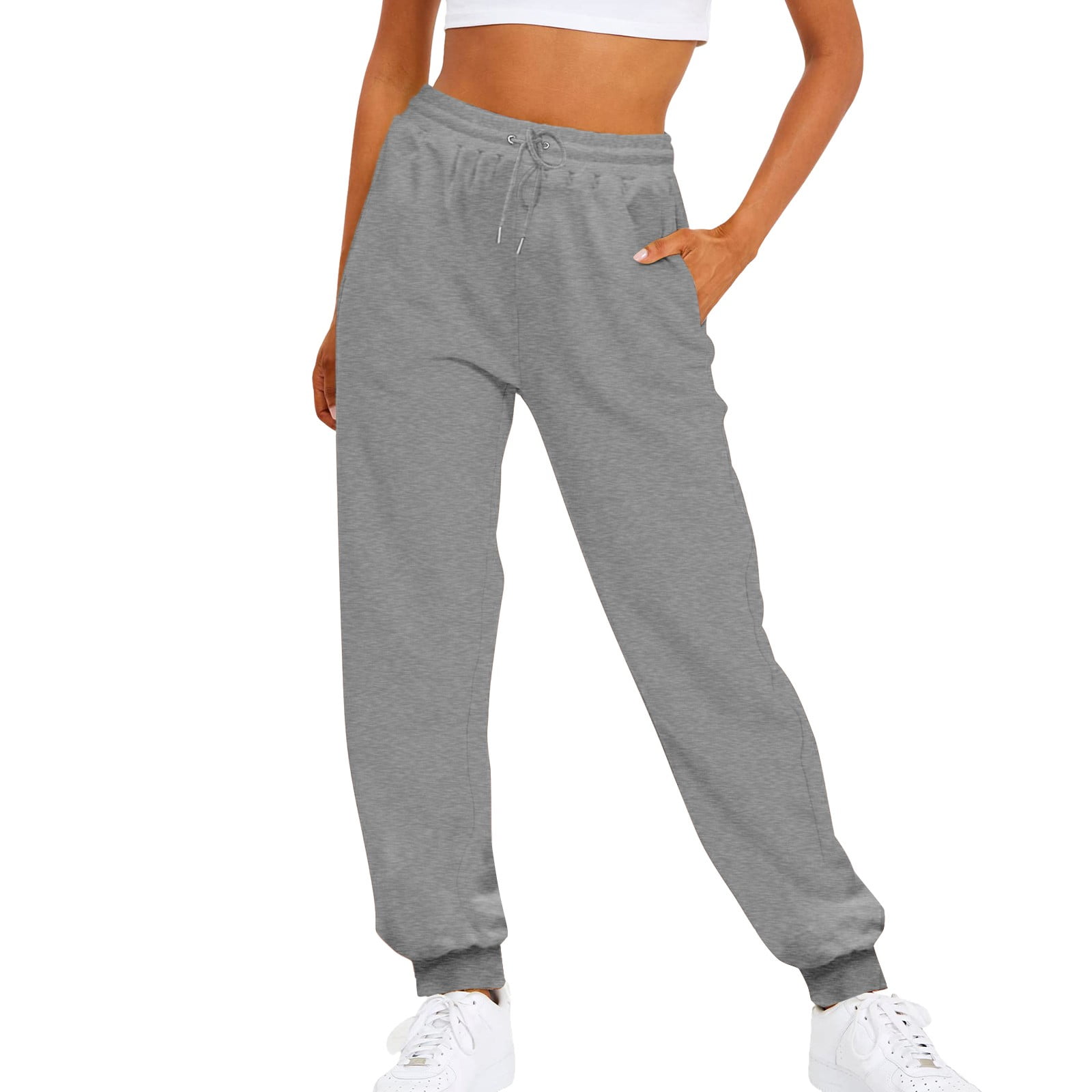 Women Sweatpants Solid Color High Waist Drawstring Jogger Pants