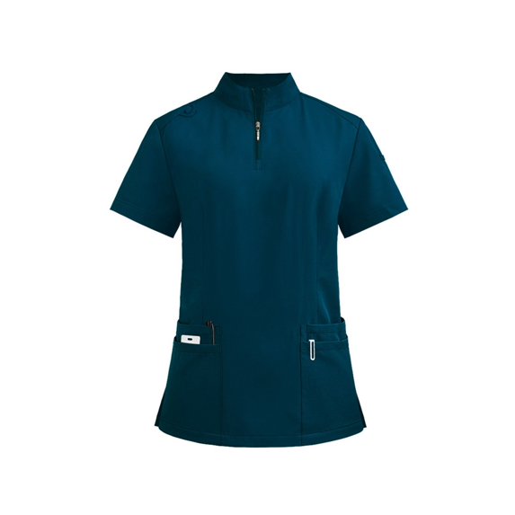 Ydkzymd Petite Scrub Tops for Women Zip Mock Neck with Pockets Nurse Uniforms Jogger Scrubs Short Sleeve Lightweight Compression Scrub Tops Dark Blue XXL