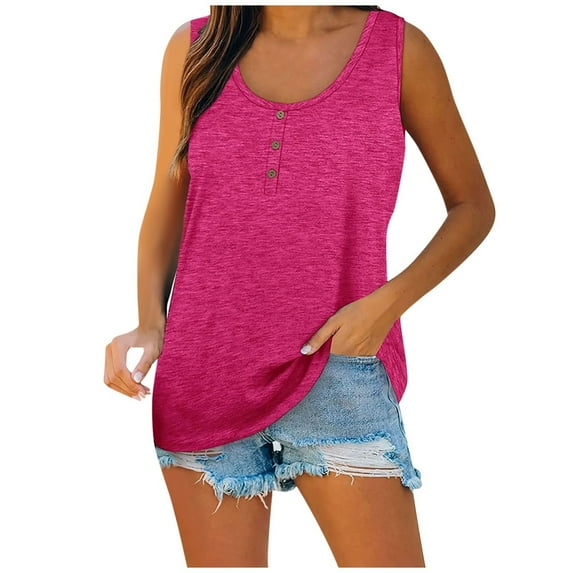 Ydkzymd Plus Size Tank Tops for Women Loose Fit Hot Pink Button Up Cute Sleeveless T Shirts Solid Color Fall Flowy Tunics Henley Plus Size Comfy Blouses 5XL