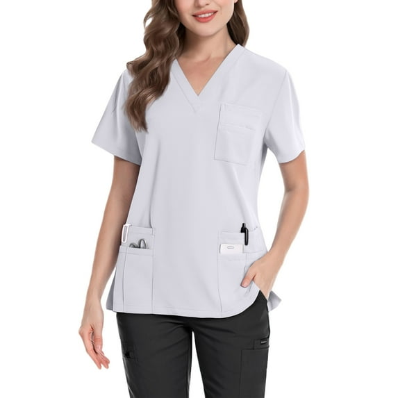 Ydkzymd Scrub Tops for Women Cotton Short Sleeve V-Neck Nurse Uniforms Petite Scrub Tops with Pockets Jogger Lightweight Scrubs White L