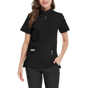 Ydkzymd Scrub Tops for Women with Pockets Zip Mock Neck Nurse Uniforms Petite Scrub Tops Short Sleeve Lightweight Compression Scrubs Black L