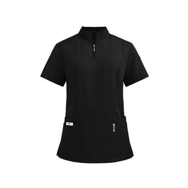 Ydkzymd Stretch Scrub Tops for Women Short Sleeve Zip Mock Neck Nursing Uniforms Plus Size Scrubs with Pockets Loose Fit Breathable Scrub Tops Black M