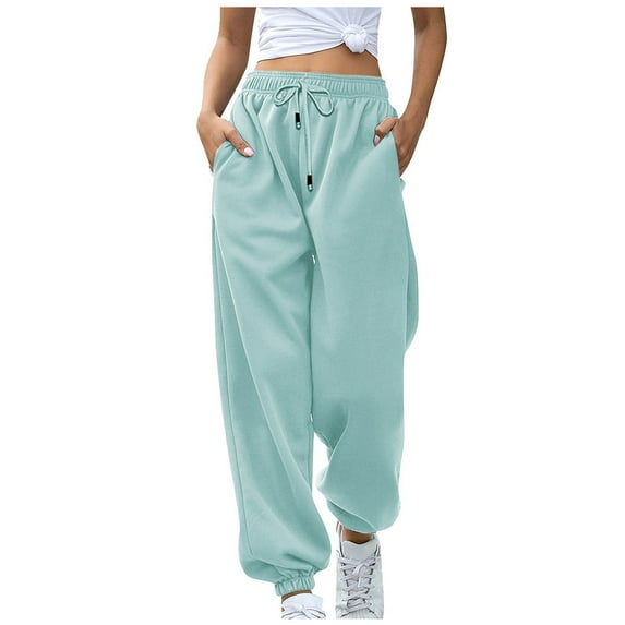 YDKZYMD Womens Baggy Sweatpants Thick Mint Green High Waist Fleece Baggy Pants Loose Fit Petite Cargo Casual Jogger Pants Drawstring with Pockets Cinch Bottom Sweatpant