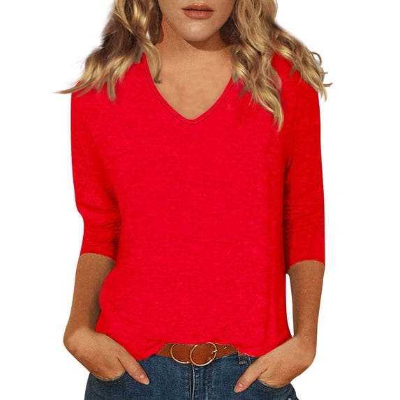 Ydkzymd Women 3/4 Sleeve T Shirt Fashion Solid Color Blouses Fitting Three Quarter Sleeve Shirts V Neck Comfy Dressy Petite Elbow Sleeve Elegant Tops Red L