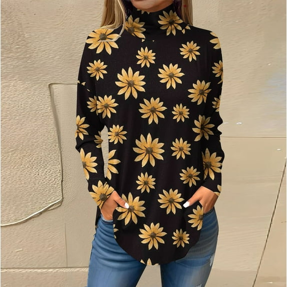 Ydkzymd Women's Long Sleeve Shirts Ginger Casual Womens Fitted Long Sleeve Shirts 2Xl Athletic Tie Dye Floral Shirts Flower Petite Turtleneck Blouses