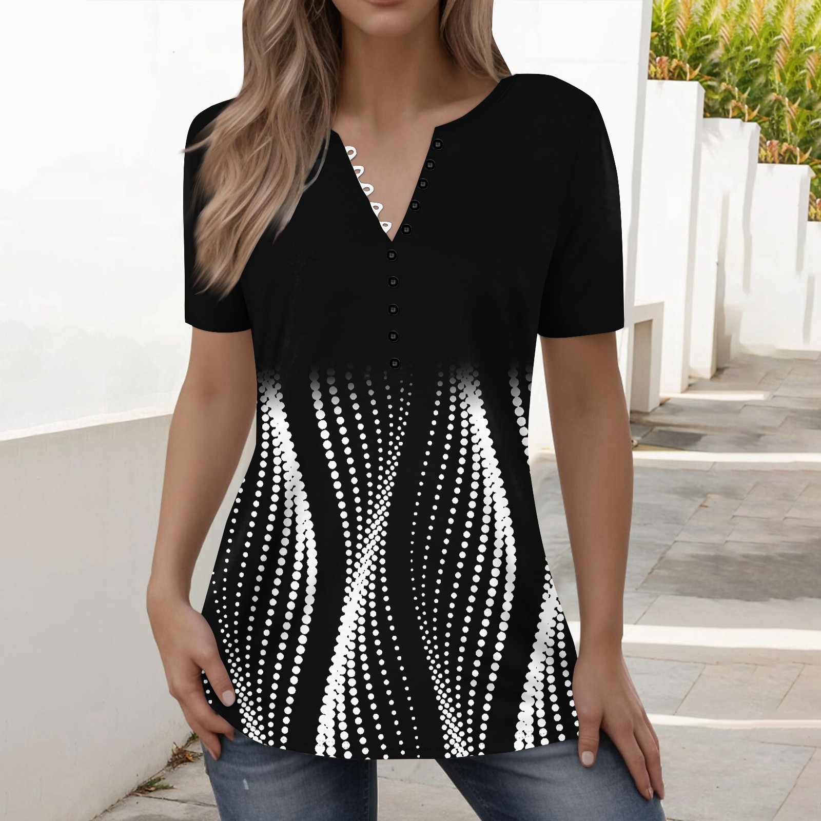 Ydkzymd Womens Long Tee Shirts Short Sleeves Button Down Henley Striped