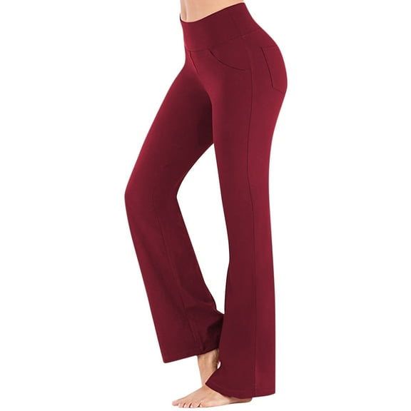 Ydkzymd Yoga Pants with Pockets for Women Plus Size High Waist Wide Leg Bootcut Leggings Tummy Control Casual Workout Yoga Pants 4 Pockets Wine M
