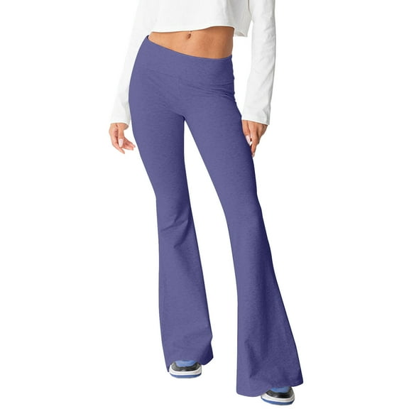 Ydkzymd Fold Over Flare Leggings for Women Ribbed Wide Leg Y2k Bell Bottom Yoga Pants Bootcut Low Rise Joggers Leggings Purple S