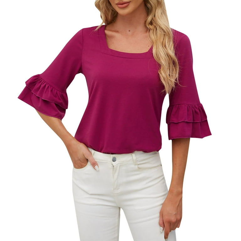 Ydkzymd Womens Ruffle Blouse Scoop Pleated 3/4 Sleeve Tunics Square Neck  Lycra Shirts Summer 2024 Tee Tops Hot Pink XL 