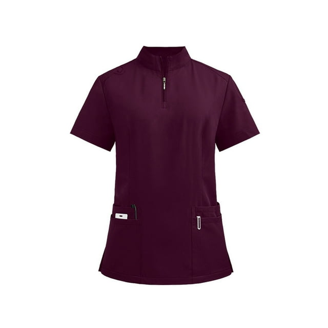 Ydkzymd Womens Scrubs Top Short Sleeve with Pockets Nursing Uniforms Fitted Scrubs Zip Mock Neck Jogger Plus Size Scrub Tops Deep Red M