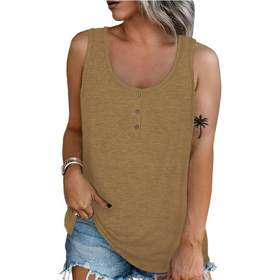 Ydkzymd Womens Tank Tops Size Khaki Flowy Cute Solid Color Blouses Henley Cozy Plus Size Tunics Sleeveless Button Up Casual T Shirts Khaki S