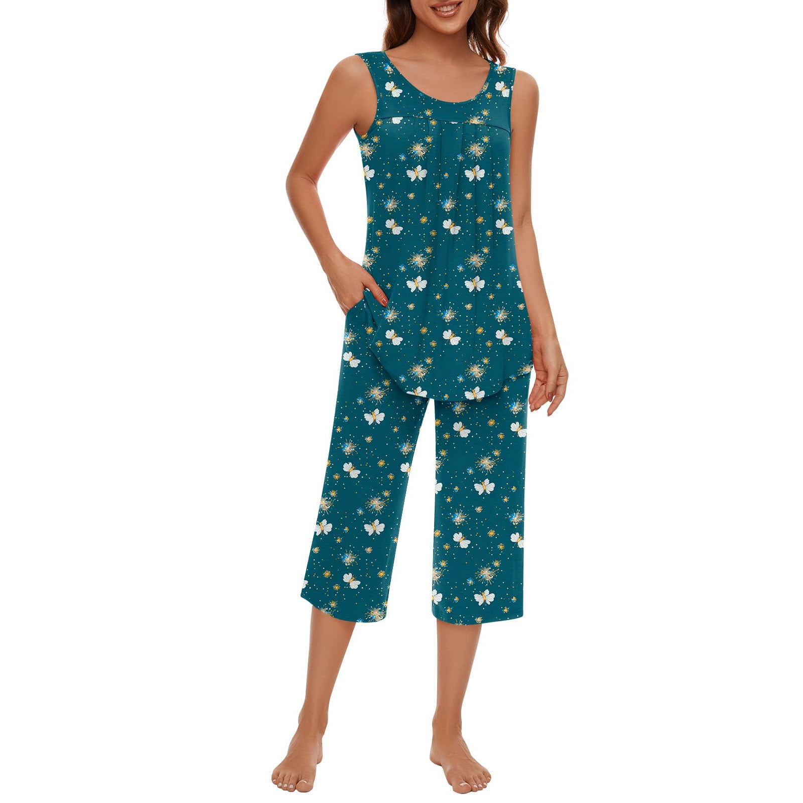 NACHILA Women's Bamboo Viscose Pajama Set - Sleeveless Tank & Capri Pants, Tag-Free, For Night Sweats & Hot Flashes - View #5