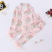 MRZHQD Ydojg Christmas Pajamas Set For Toddler Girls Size 9-10 Years Lapel Neck Long Sleeve Tops With Pants Christmas Santa Claus Print Cute Casual Outfit Set Winter Kids Clothes Pink