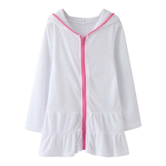 Mrzhqd Toddler Swim Cover Up Girl Size 5-6 Years Zip Up Long Sleeve Hooded Swim Dress Summer Solid Color Lightweight Soft Beach Girl Robe White