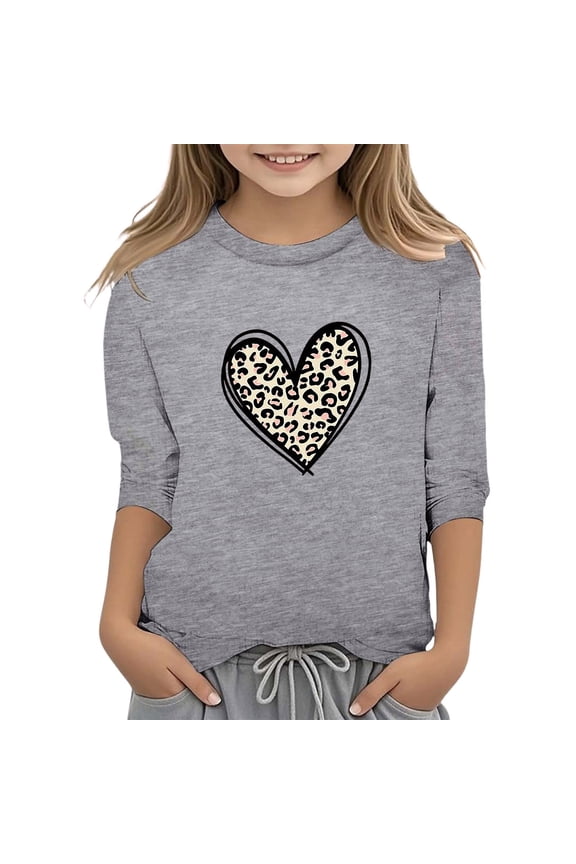 Ydojg Cute Top For Girl Valentines Day Print Fashion Crew Neck 3/4 Quarter Sleeve Casual T Shirt Top Grey Girls Shirts Size 9-10 Years