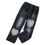 MRZHQD Ydojg Girls Casual Denim Pants High Waist Jeans Wasit Wide Leg Baggy Pants With Pocket Kids Clothes For 10-12 Years