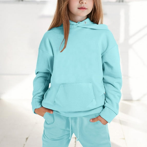 Ydojg Girls Outfit Set Toddler Size 2-3 Years Hooded Collar Long Sleeve Tops With Pants Solid Color Basic Casual Fashion Outfit Set Winter Kids Clothes Blue