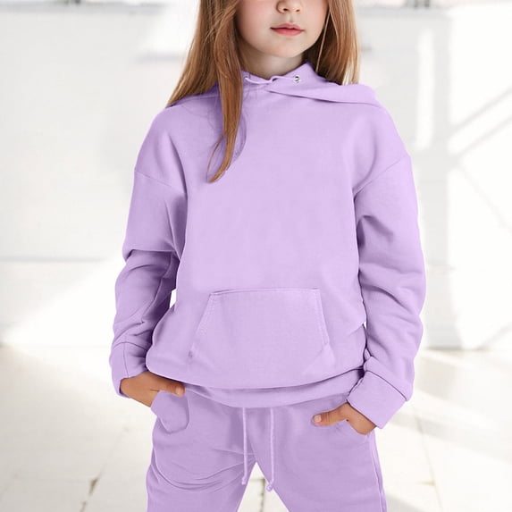 Ydojg Girls Outfit Set Toddler Size 3-4 Years Hooded Collar Long Sleeve Tops With Pants Solid Color Basic Casual Fashion Outfit Set Winter Kids Clothes Purple