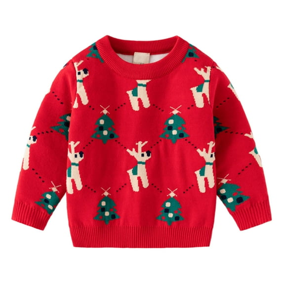Mrzhqd Girls Sweaters Casual Knitted Fashion Pullover Sweater Crew Neck Long Sleeve Christmas Tree Cartoon Reindeer Print Tops Fall Winter Kids Clothes Red Size 4-5 Years