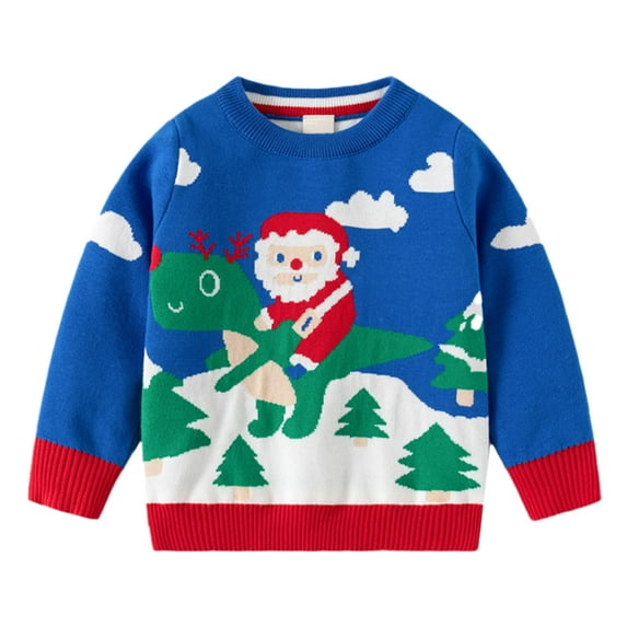 Mrzhqd Girls Toddler Christmas Sweater Christmas Cartoon Santa Dinosaur Print Sweater Crew Neck Long Sleeve Casual Knit Cute Tops Fall Winter Kids Clothes Sky Blue Size 5-6 Years